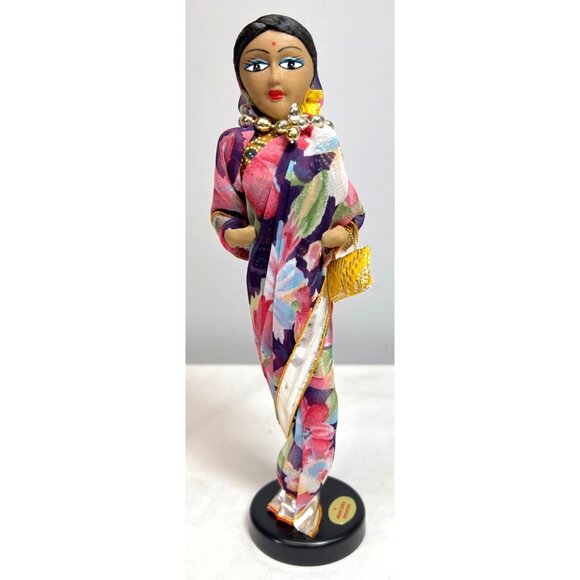 Handcrafted Indian Doll In Floral Saree With Beaded Jewelry & Yellow Purse On St - Picture 1 of 5